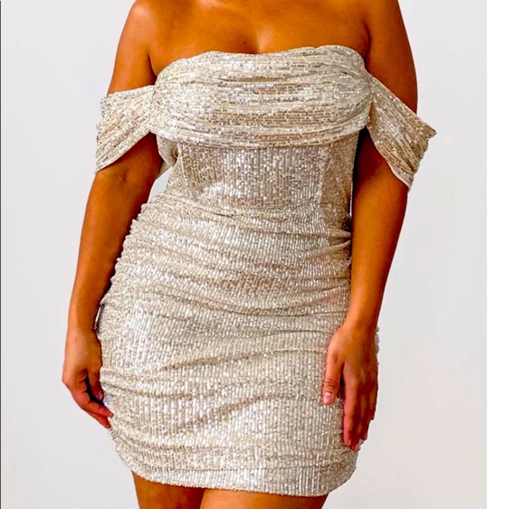 -Pretty Little Thing Cream Bardot Sequin dress